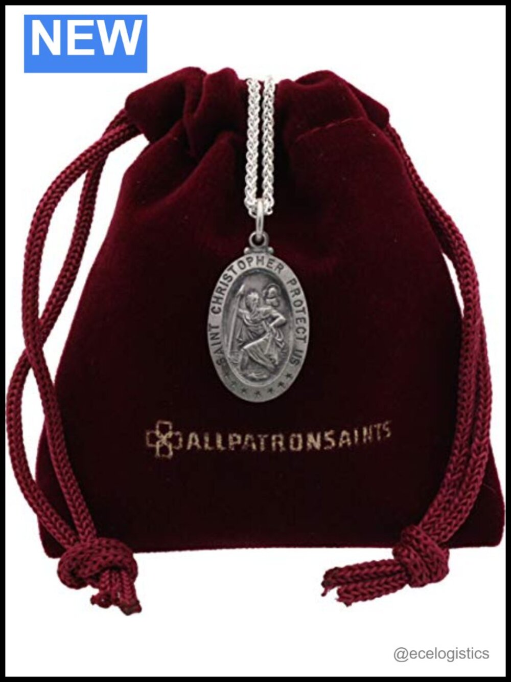 Sterling Silver St Christopher Medal Necklace Oval Medallion Wheat Chain Gift